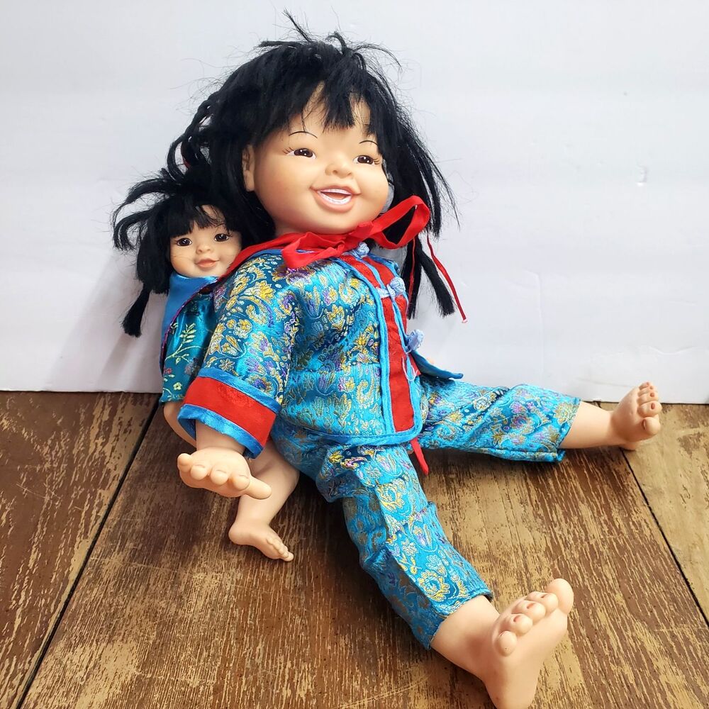 Vintage 1996 China Dolls Co 14" Chinese Ruby Doll & 10" Baby Asian Oriental Set